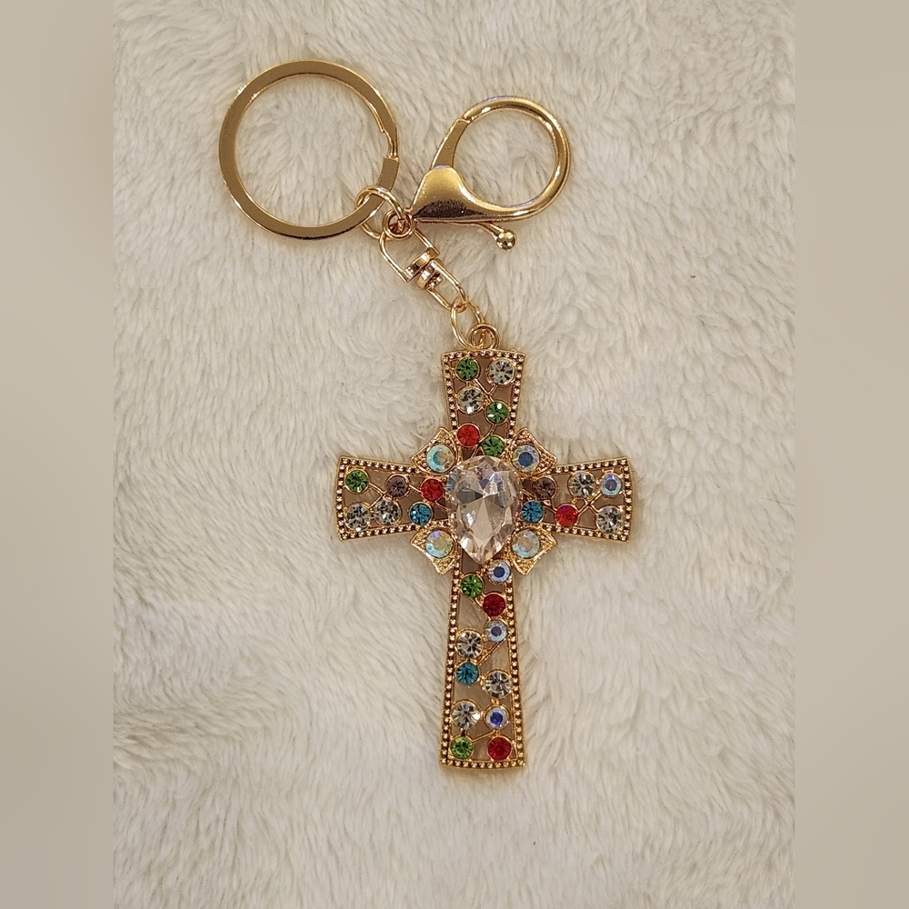 Gold Cross Keychain with Colorful Gems Bag Charm